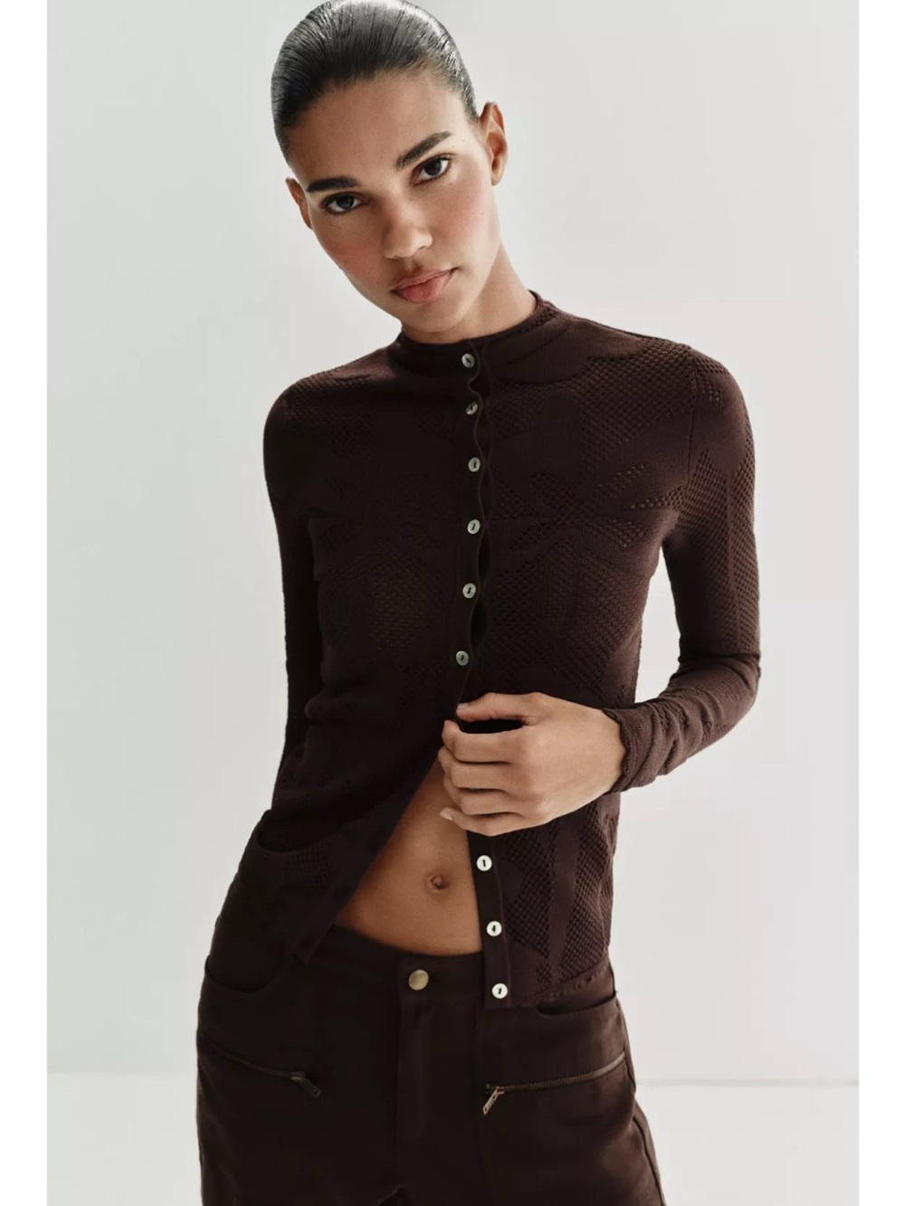Zara Dark Brown Textured Button-Up Cardigan